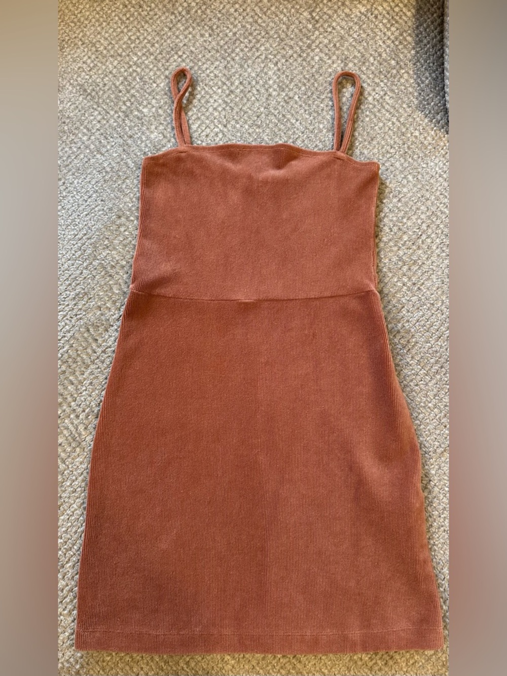Fitted Rust Knit Spaghetti-Strap Dress